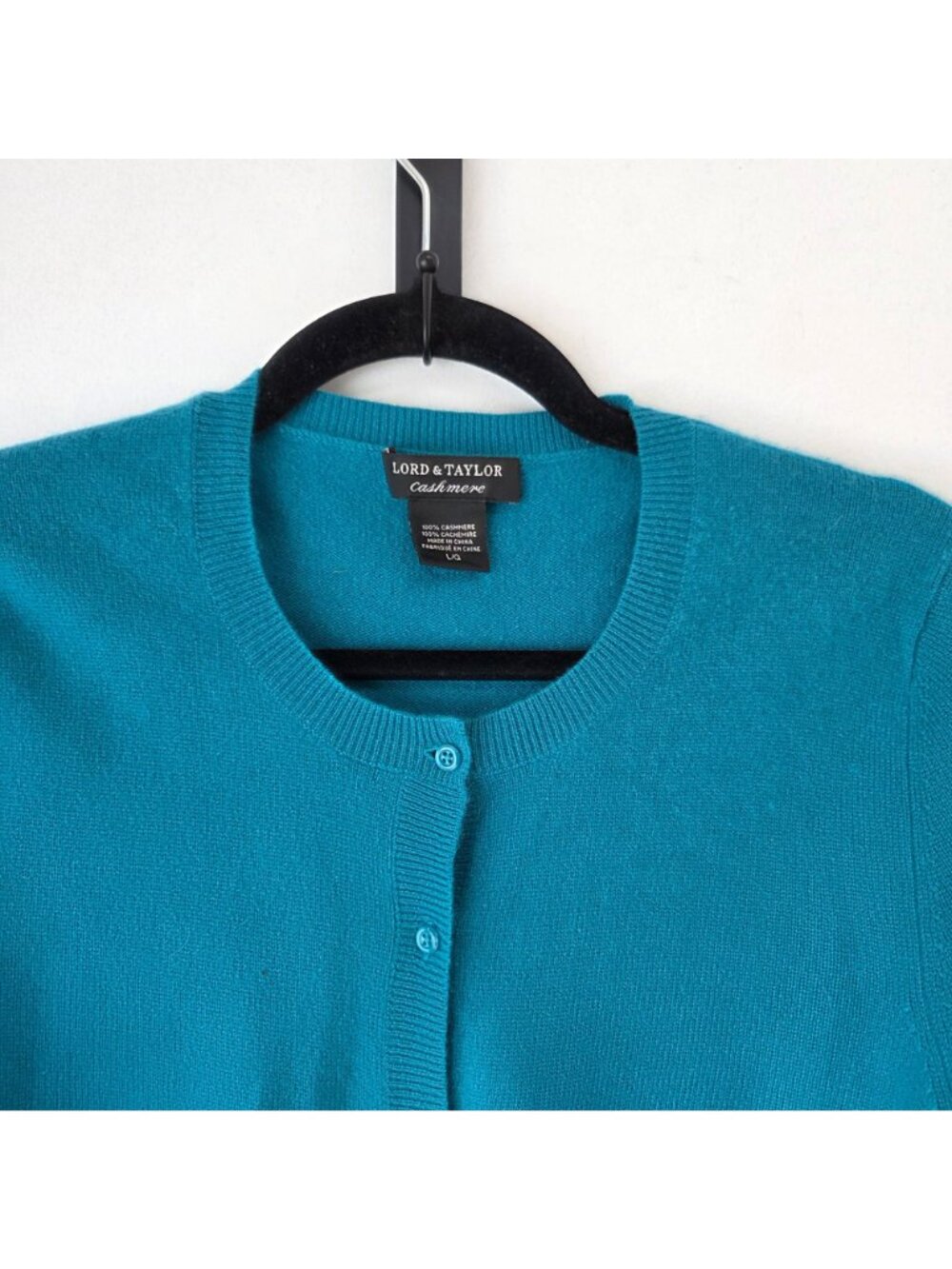 Lord & Taylor 100% Cashmere Teal Blue Cardigan Sweater Classic Women's L - Picture 3 of 5